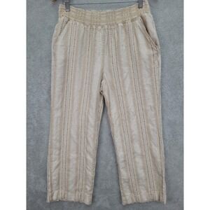 Briggs Women Linen Blend Wide Leg‎ Pants Sz L Tan White Stripe Pull On Style